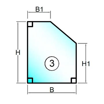 4 mm lavenergiglas femkant med skrå top faldende mod højre - Model 3