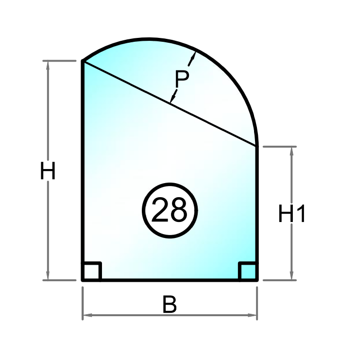 4 mm hærdet glas med granet kant firkant med rund top faldende mod højre - Model 28